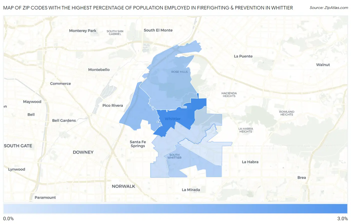 Zip Codes with the Highest Percentage of Population Employed in Firefighting & Prevention in Whittier Map