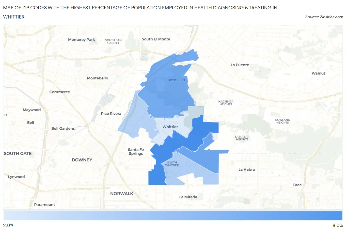 Zip Codes with the Highest Percentage of Population Employed in Health Diagnosing & Treating in Whittier Map
