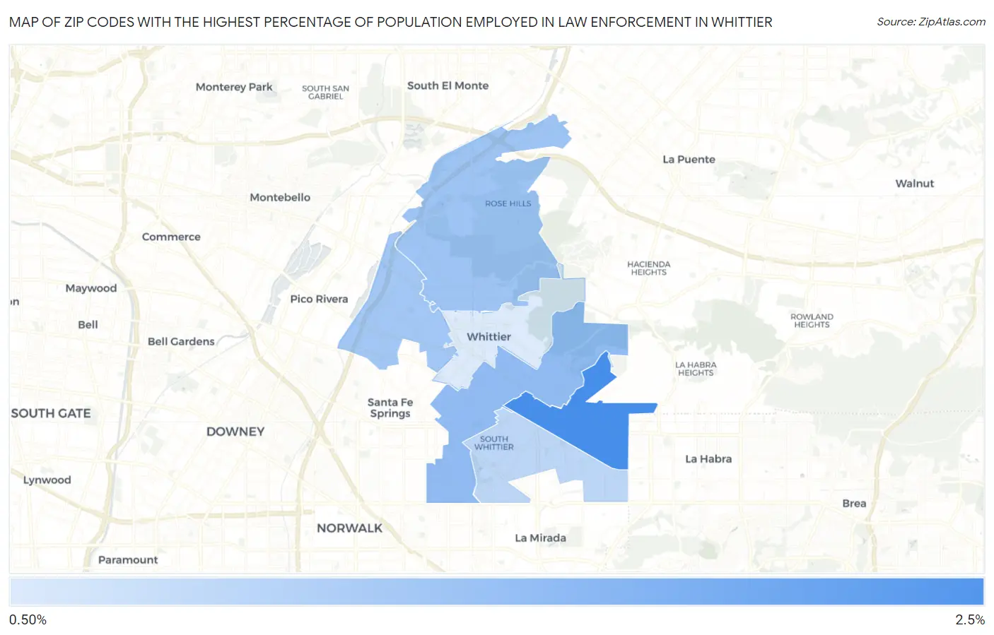 Zip Codes with the Highest Percentage of Population Employed in Law Enforcement in Whittier Map