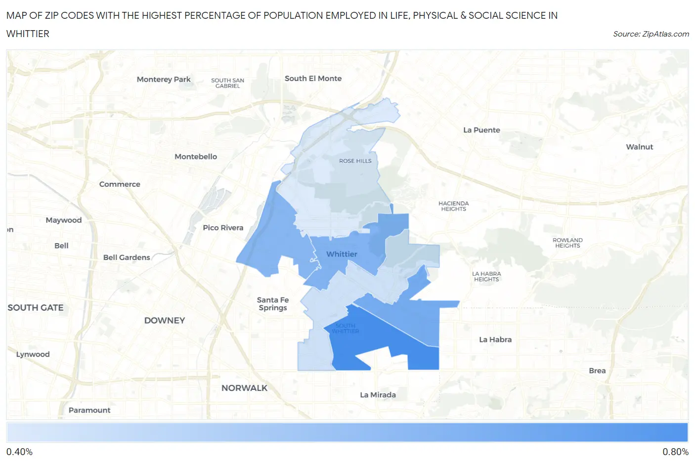 Zip Codes with the Highest Percentage of Population Employed in Life, Physical & Social Science in Whittier Map