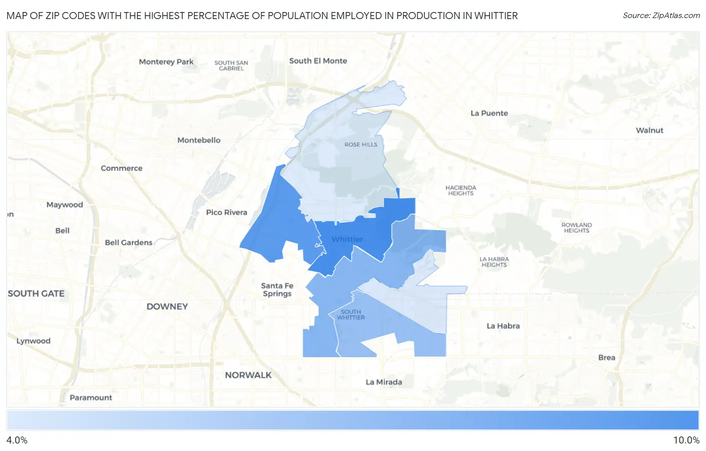 Zip Codes with the Highest Percentage of Population Employed in Production in Whittier Map