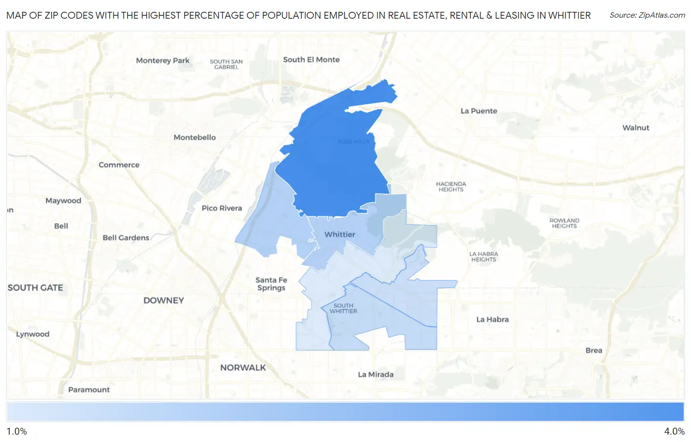 Zip Codes with the Highest Percentage of Population Employed in Real Estate, Rental & Leasing in Whittier Map