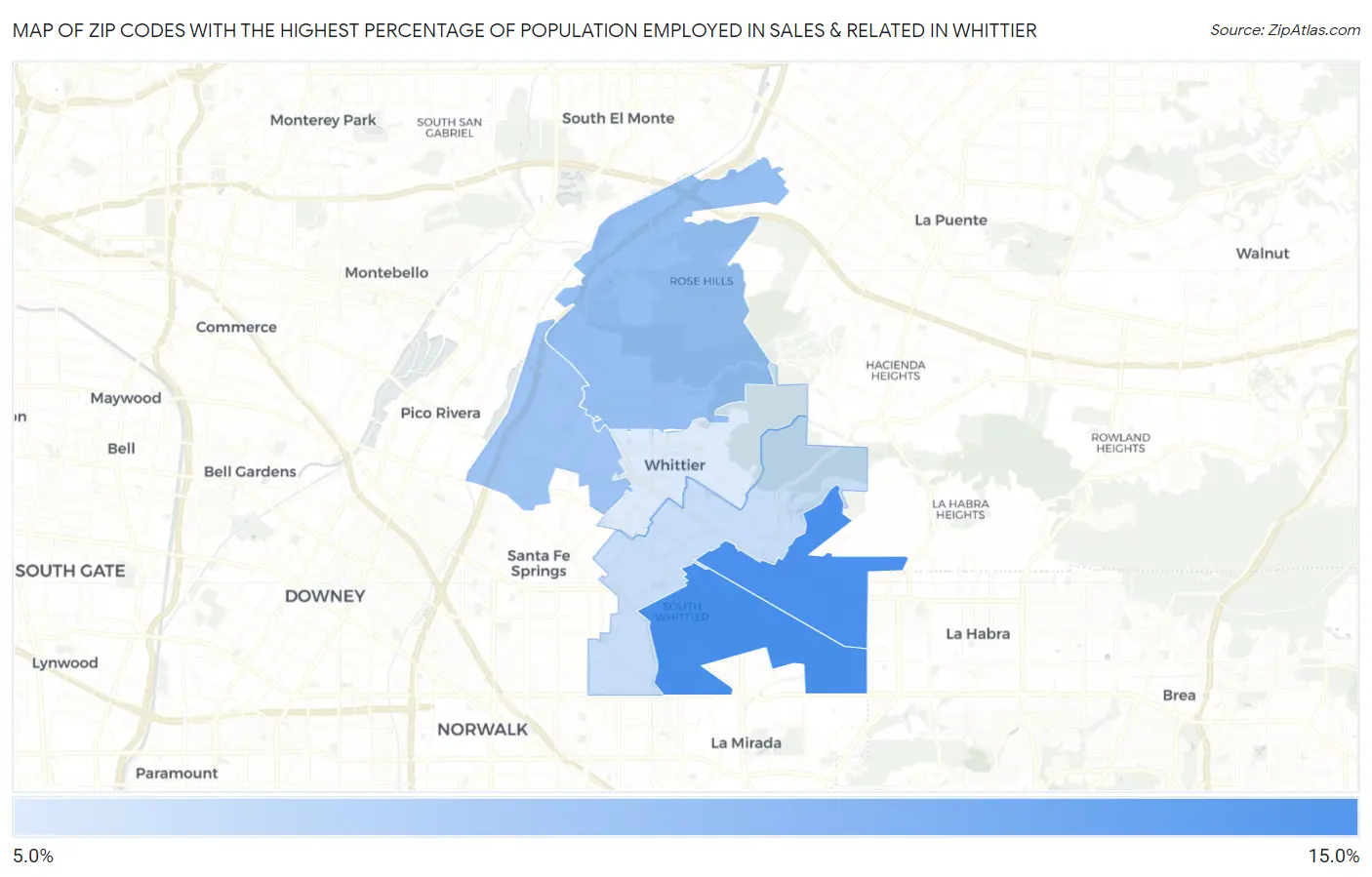 Zip Codes with the Highest Percentage of Population Employed in Sales & Related in Whittier Map