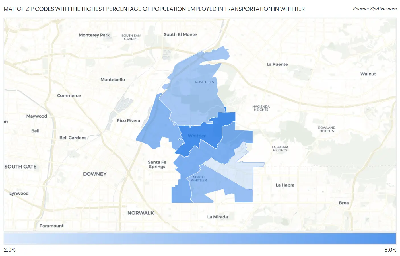 Zip Codes with the Highest Percentage of Population Employed in Transportation in Whittier Map