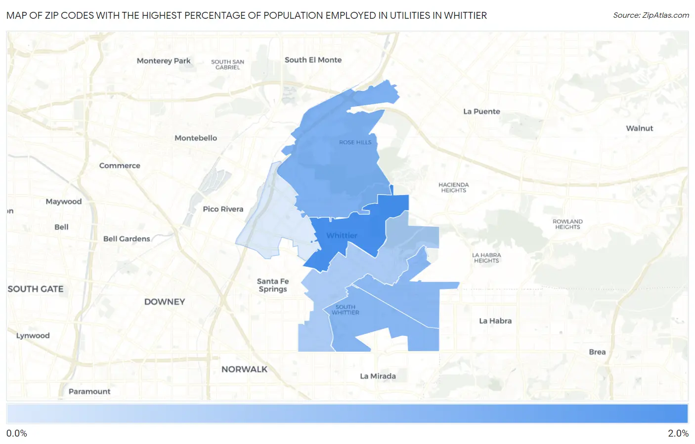 Zip Codes with the Highest Percentage of Population Employed in Utilities in Whittier Map