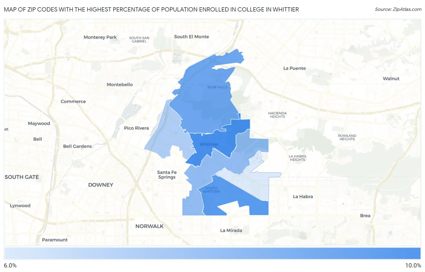 Zip Codes with the Highest Percentage of Population Enrolled in College in Whittier Map