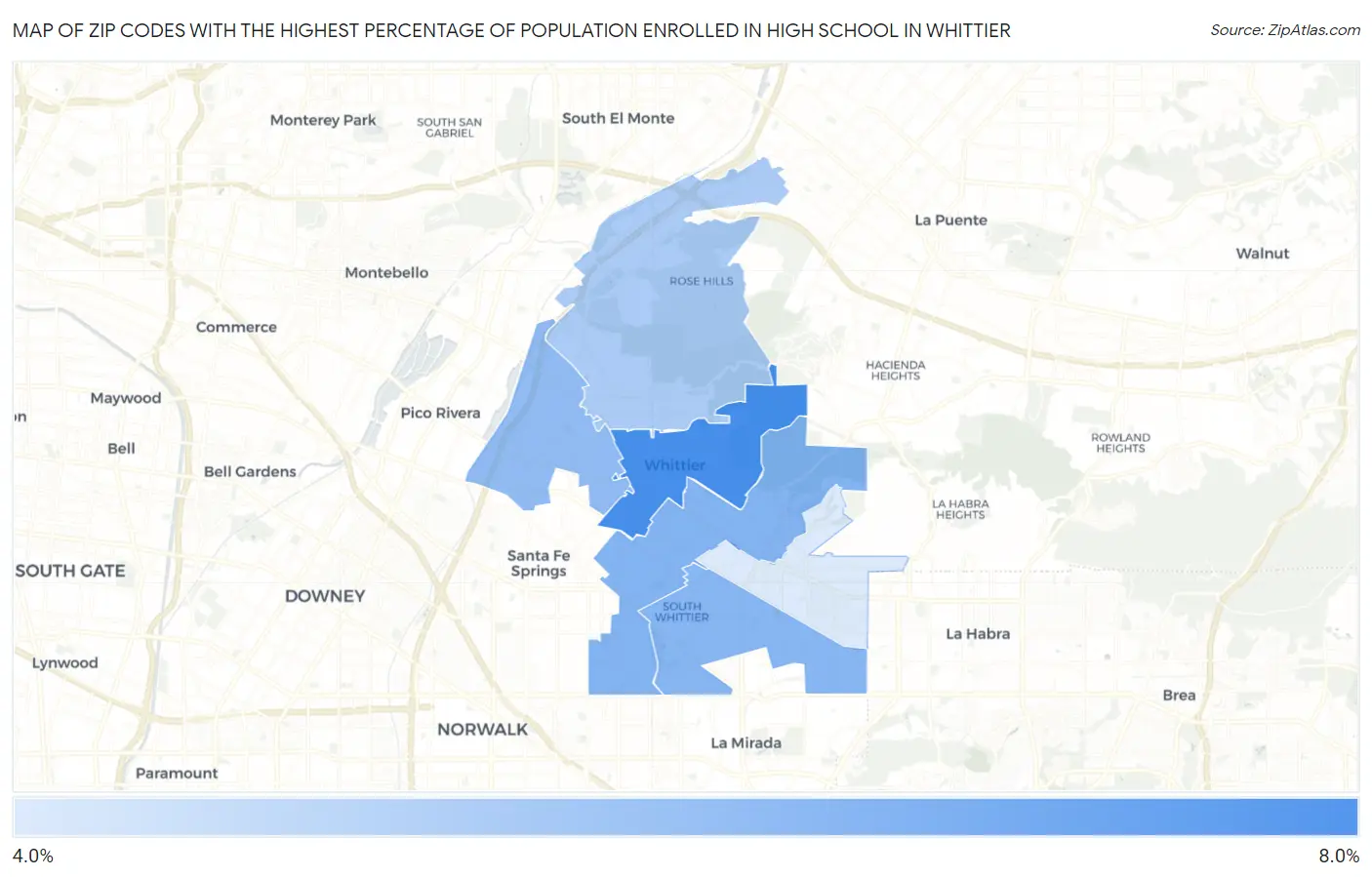 Zip Codes with the Highest Percentage of Population Enrolled in High School in Whittier Map