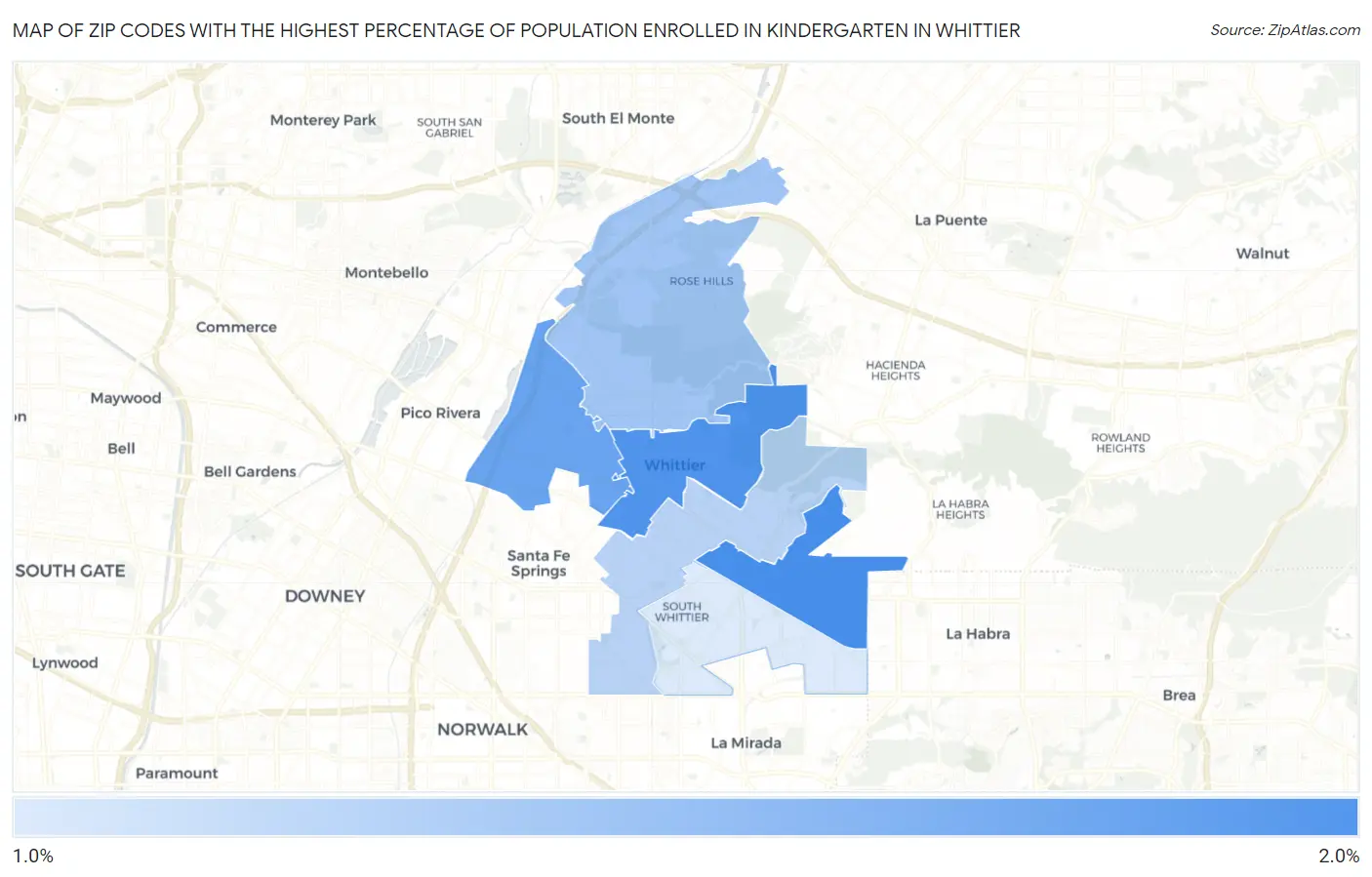 Zip Codes with the Highest Percentage of Population Enrolled in Kindergarten in Whittier Map