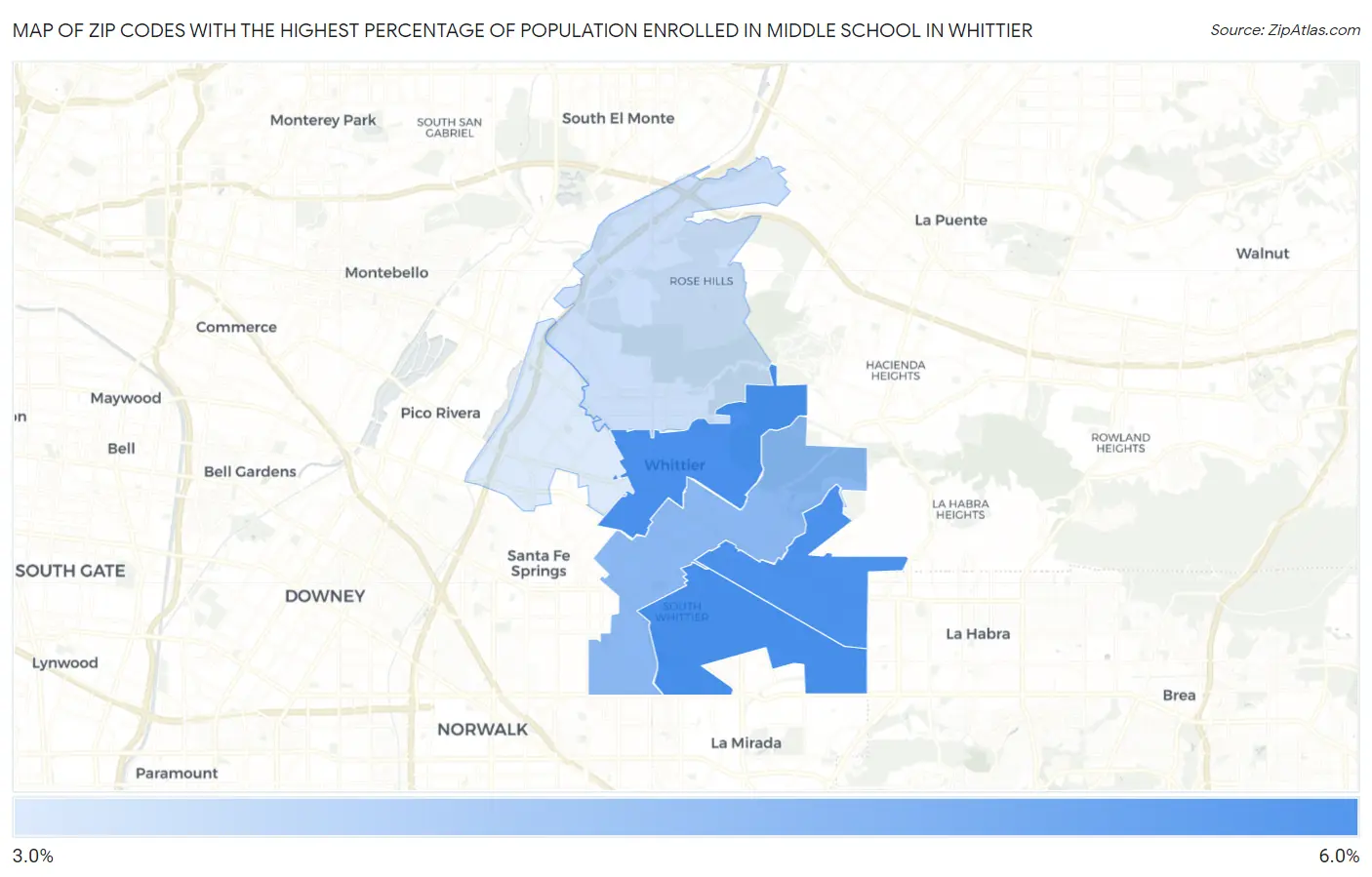 Zip Codes with the Highest Percentage of Population Enrolled in Middle School in Whittier Map