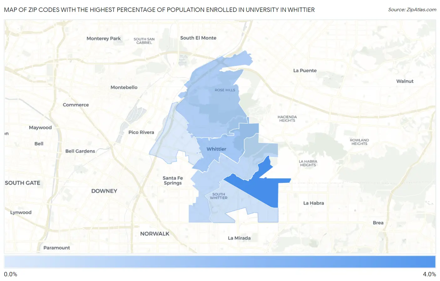 Zip Codes with the Highest Percentage of Population Enrolled in University in Whittier Map