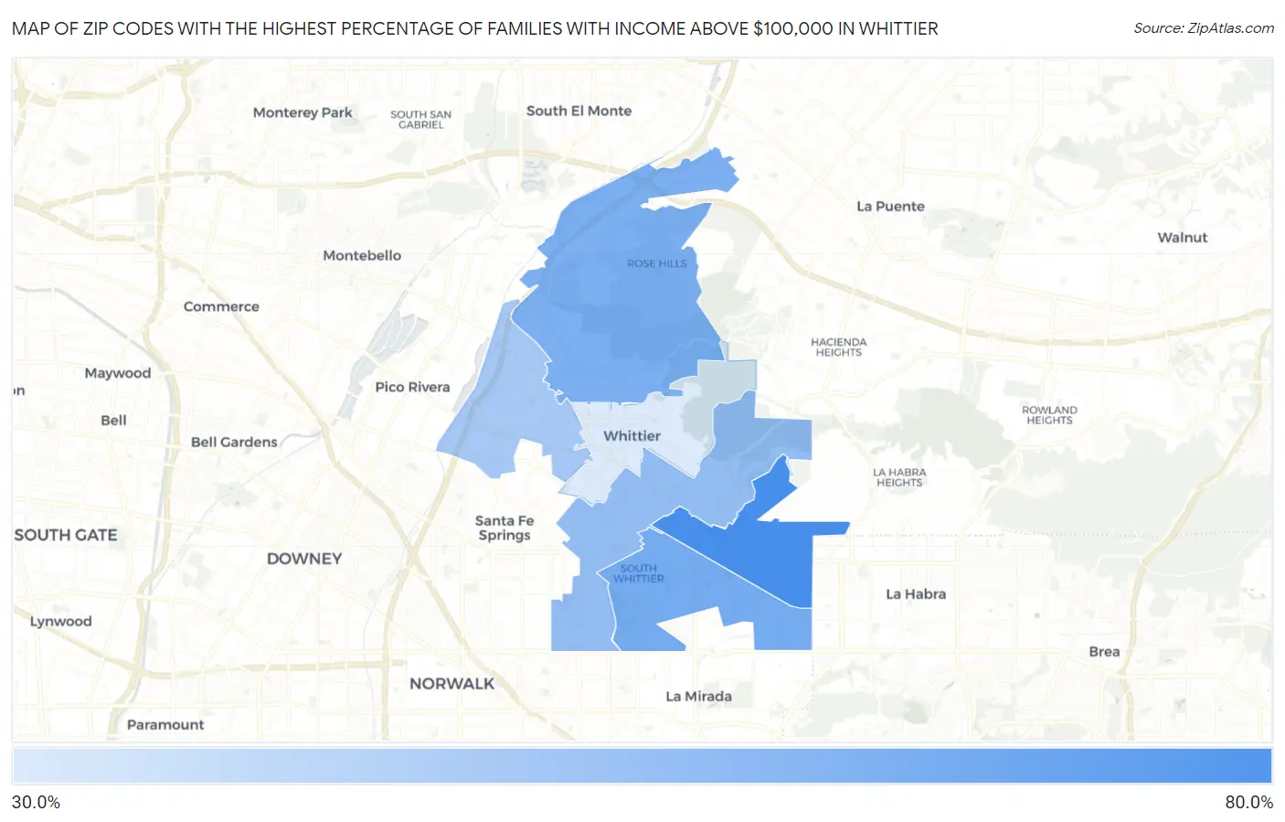 Zip Codes with the Highest Percentage of Families with Income Above $100,000 in Whittier Map