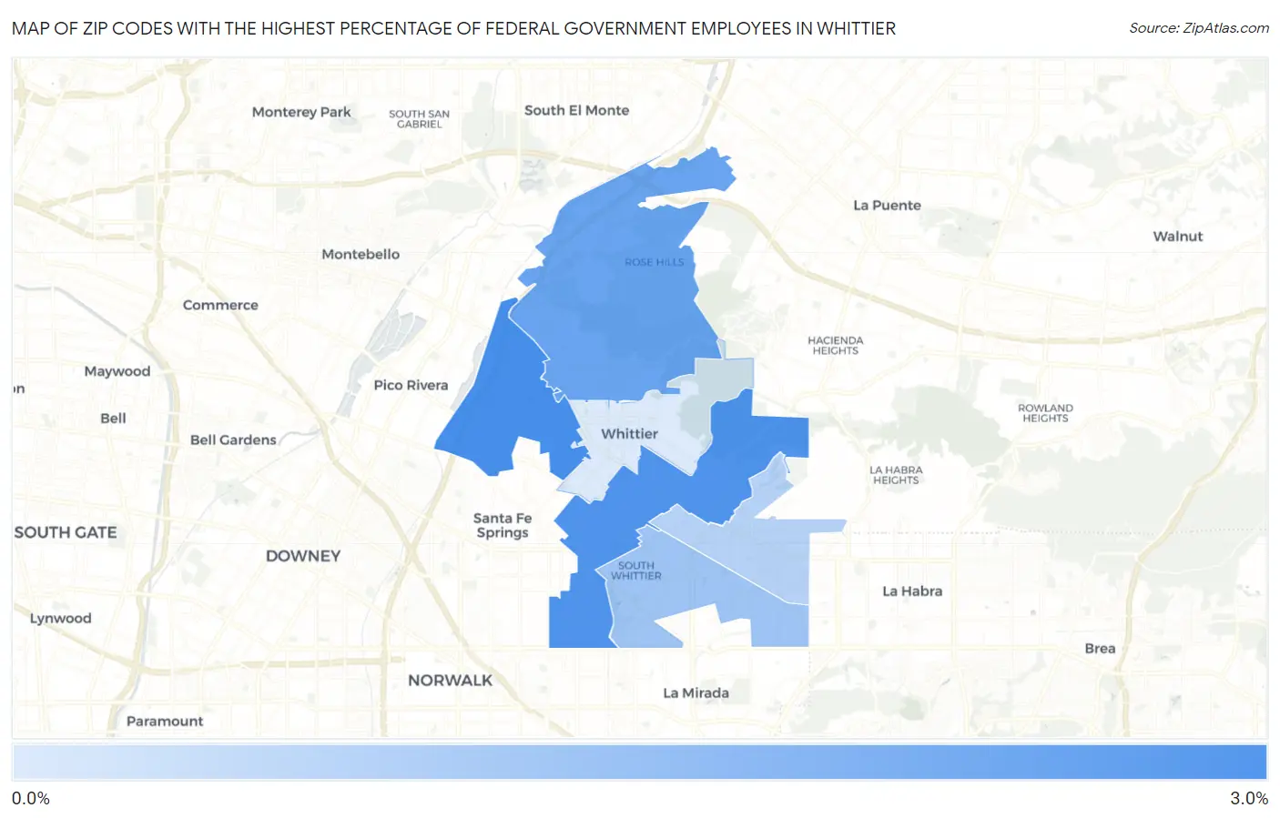 Zip Codes with the Highest Percentage of Federal Government Employees in Whittier Map
