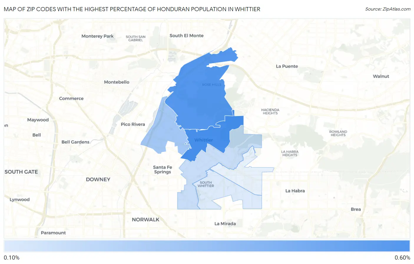 Zip Codes with the Highest Percentage of Honduran Population in Whittier Map