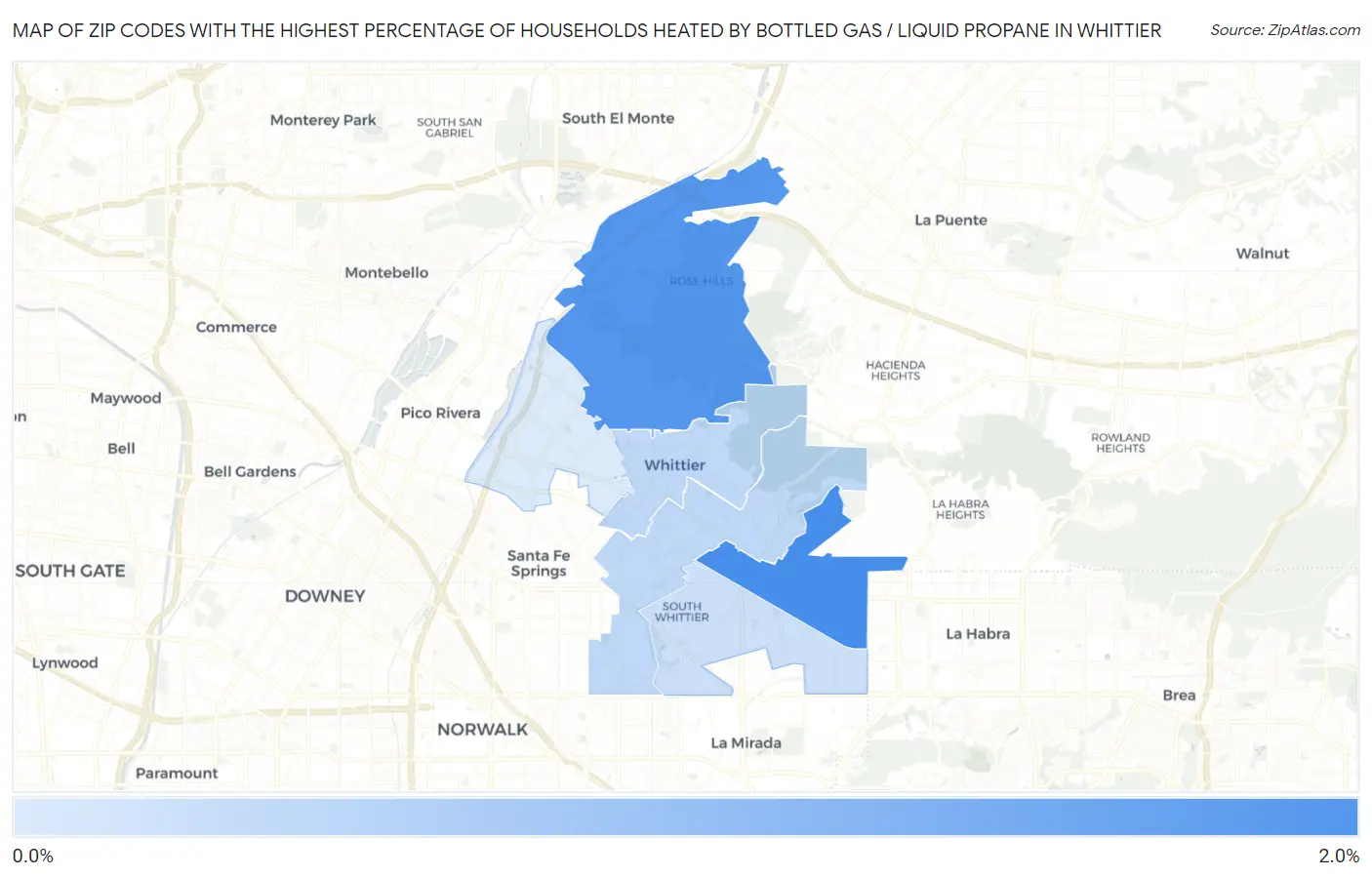 Zip Codes with the Highest Percentage of Households Heated by Bottled Gas / Liquid Propane in Whittier Map