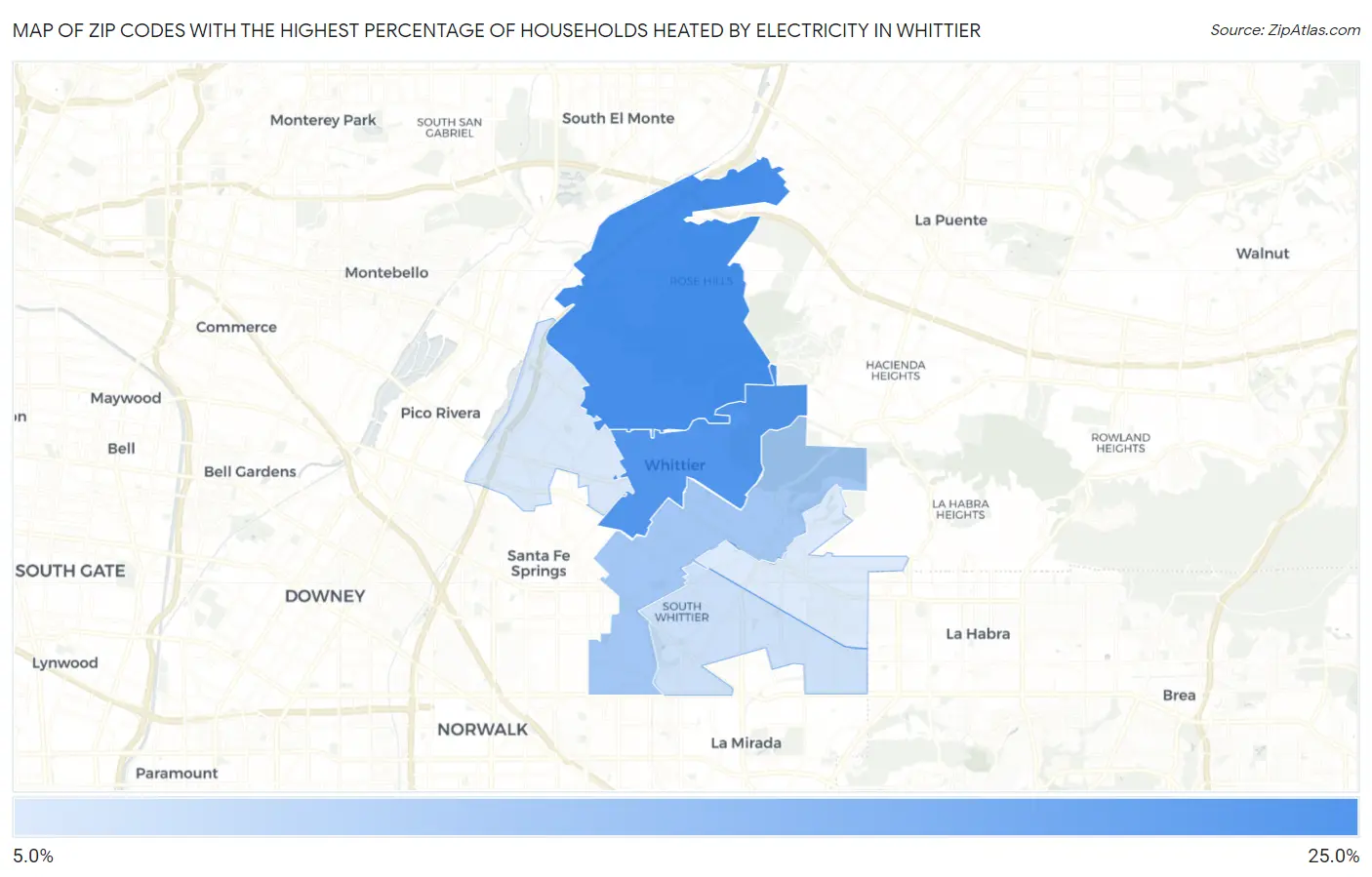 Zip Codes with the Highest Percentage of Households Heated by Electricity in Whittier Map