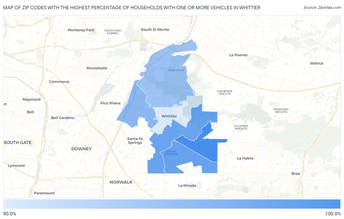 Zip Codes with the Highest Percentage of Households With One or more Vehicles in Whittier Map