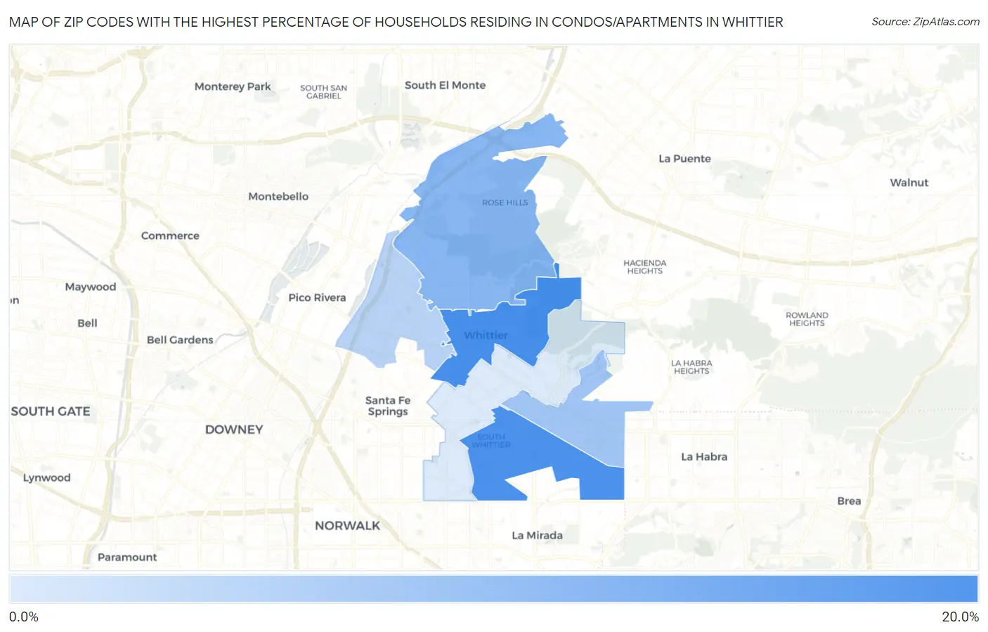 Zip Codes with the Highest Percentage of Households Residing in Condos/Apartments in Whittier Map