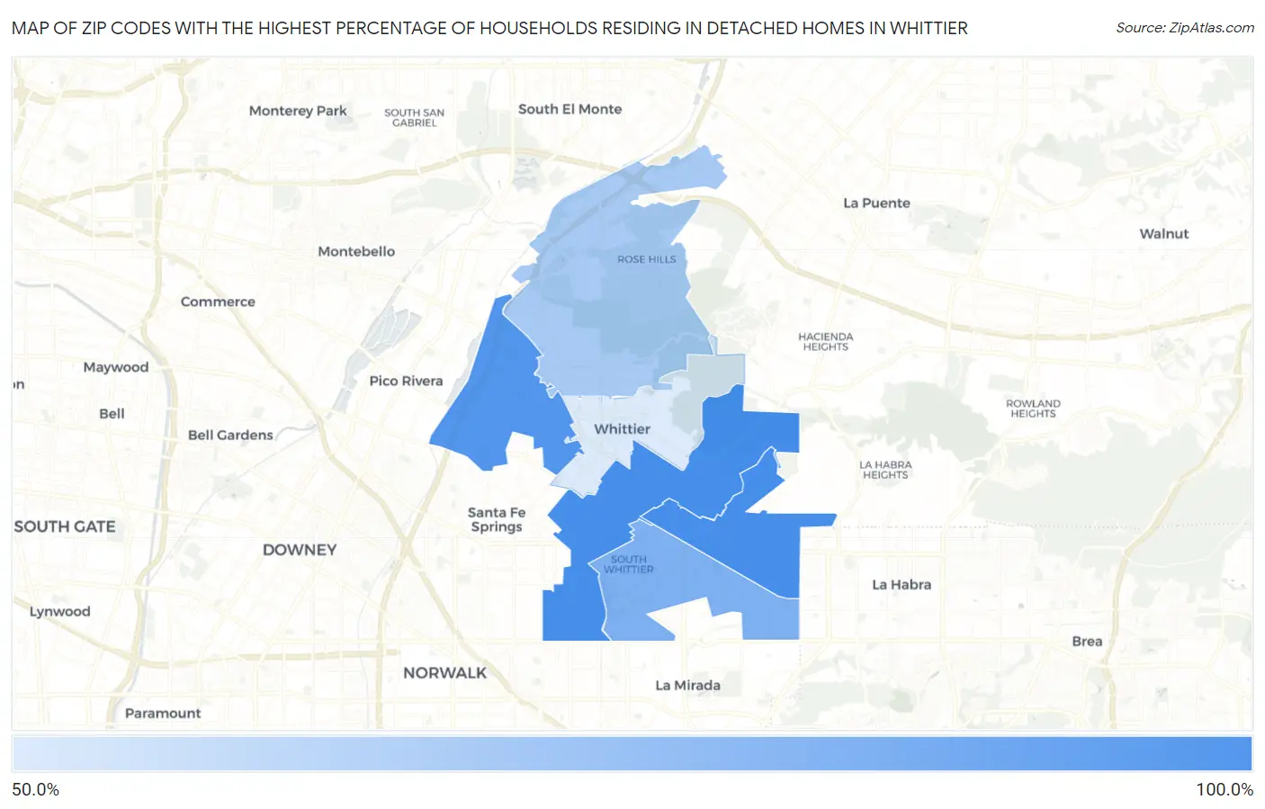 Zip Codes with the Highest Percentage of Households Residing in Detached Homes in Whittier Map