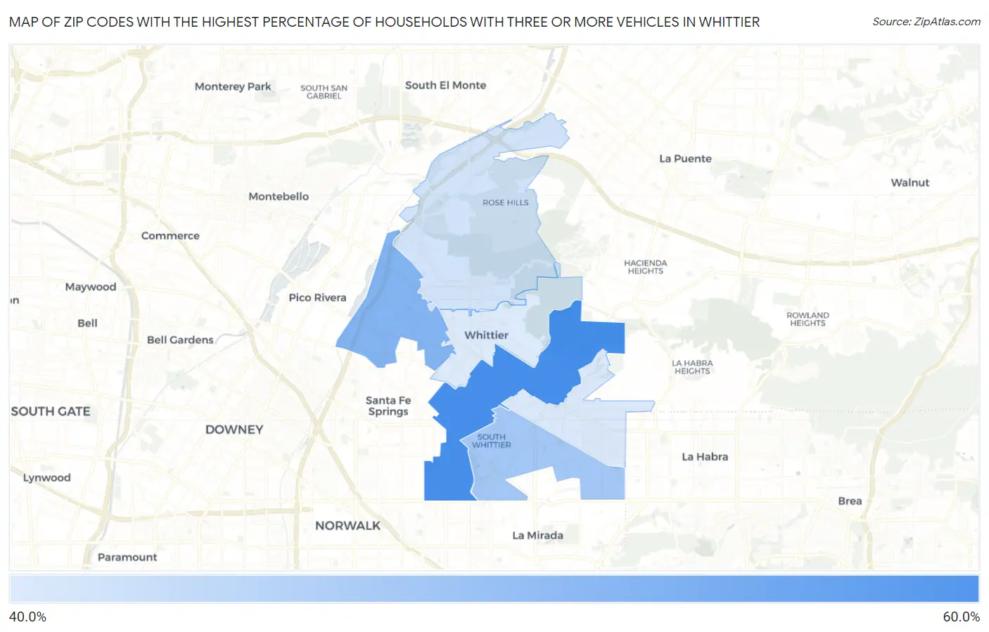 Zip Codes with the Highest Percentage of Households With Three or more Vehicles in Whittier Map