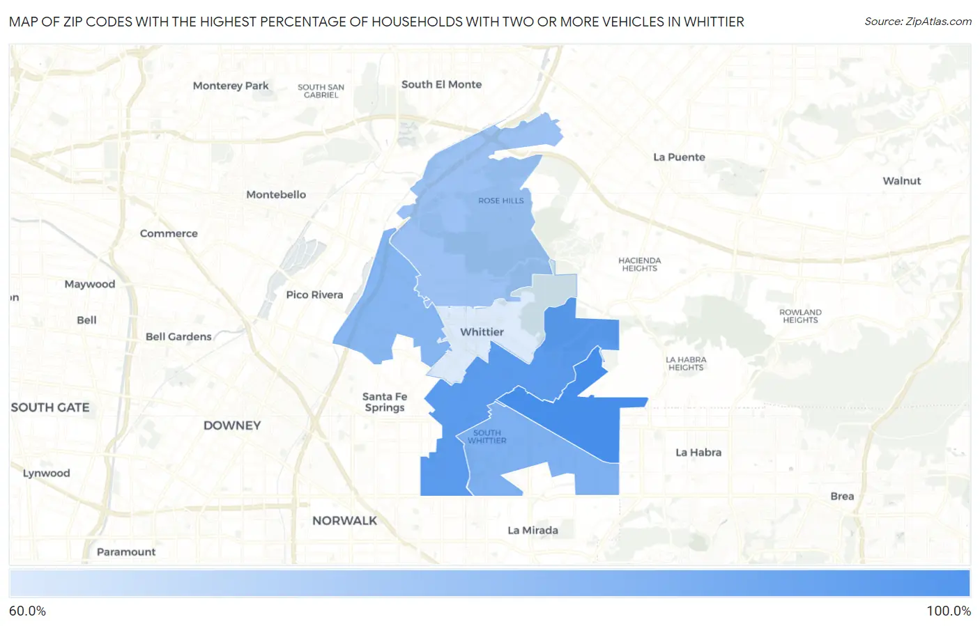 Zip Codes with the Highest Percentage of Households With Two or more Vehicles in Whittier Map