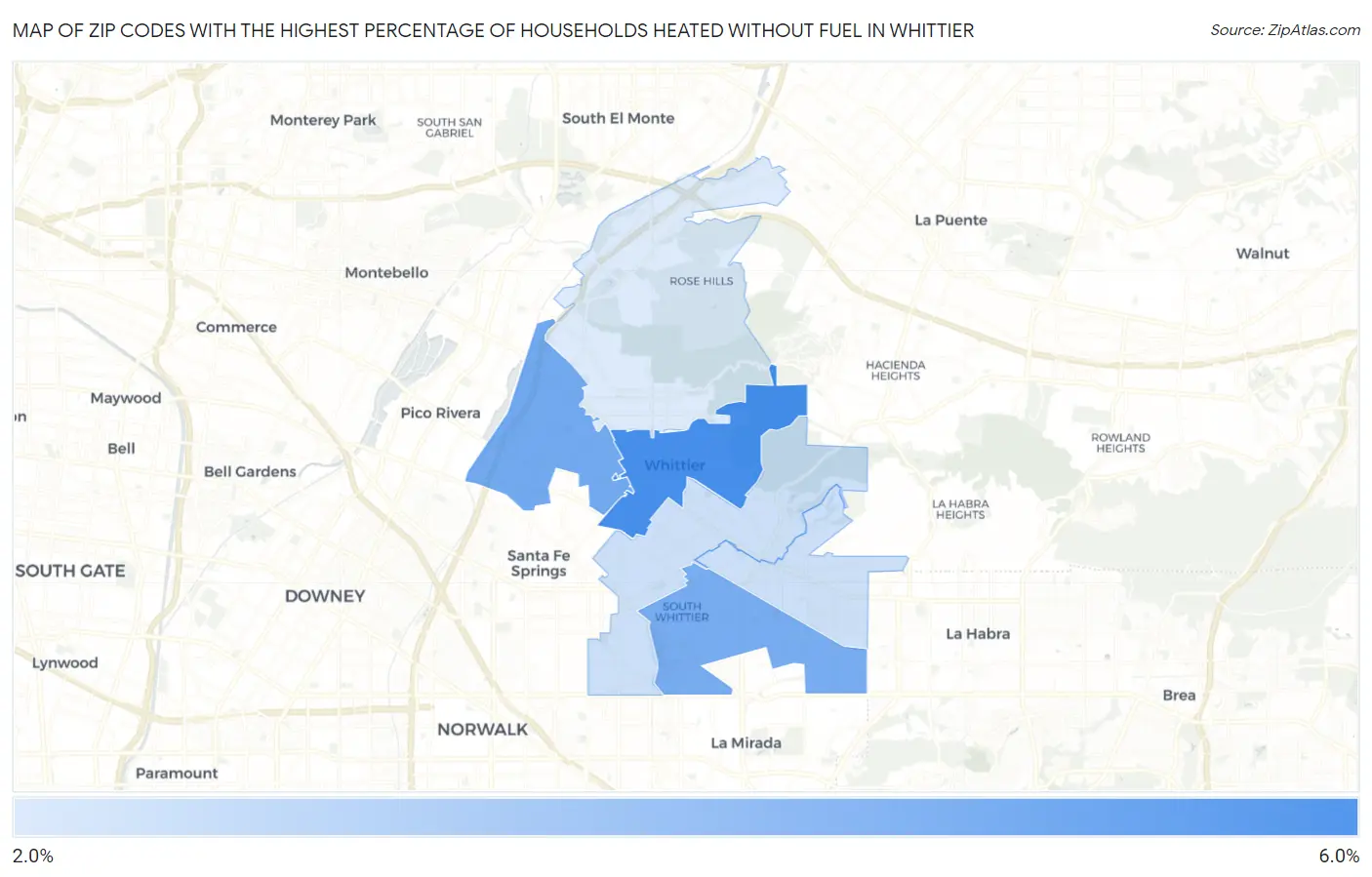 Zip Codes with the Highest Percentage of Households Heated without Fuel in Whittier Map