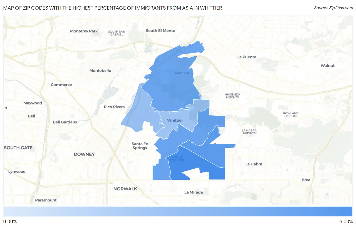 Zip Codes with the Highest Percentage of Immigrants from Asia in Whittier Map