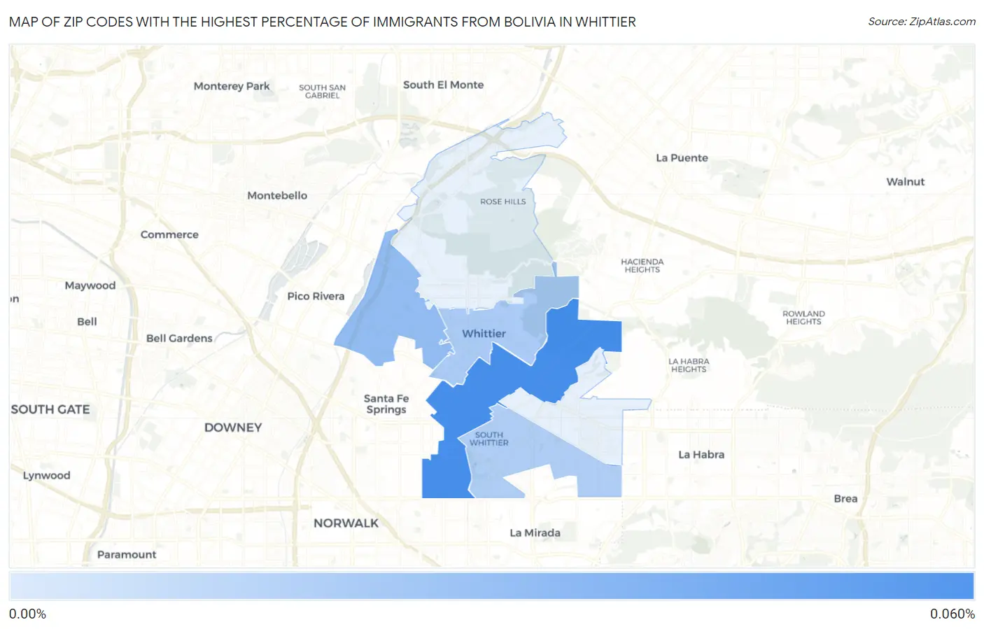 Zip Codes with the Highest Percentage of Immigrants from Bolivia in Whittier Map