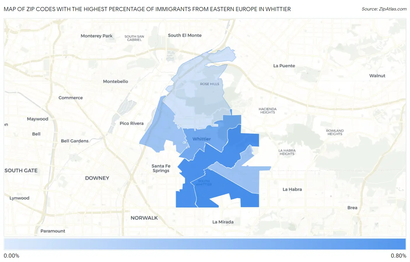 Zip Codes with the Highest Percentage of Immigrants from Eastern Europe in Whittier Map