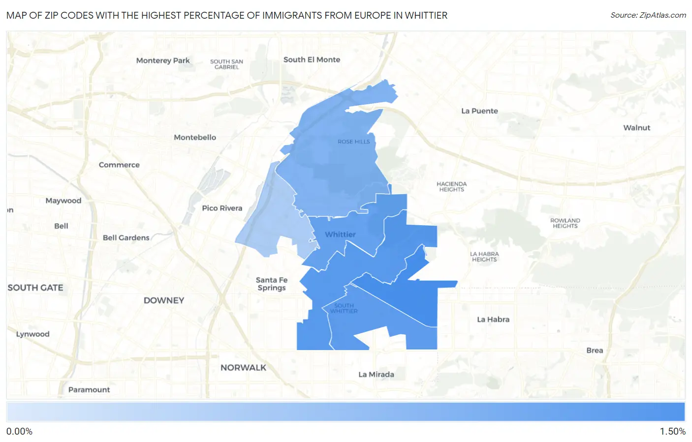 Zip Codes with the Highest Percentage of Immigrants from Europe in Whittier Map
