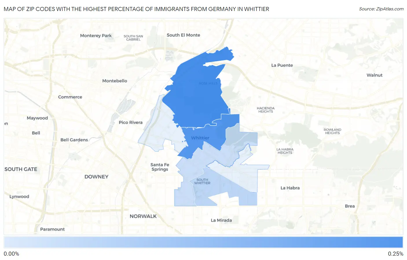 Zip Codes with the Highest Percentage of Immigrants from Germany in Whittier Map