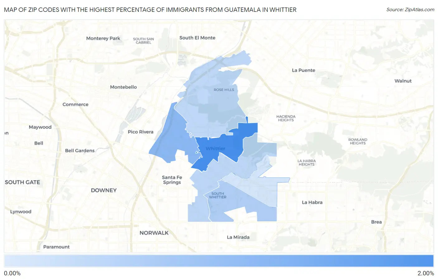 Zip Codes with the Highest Percentage of Immigrants from Guatemala in Whittier Map