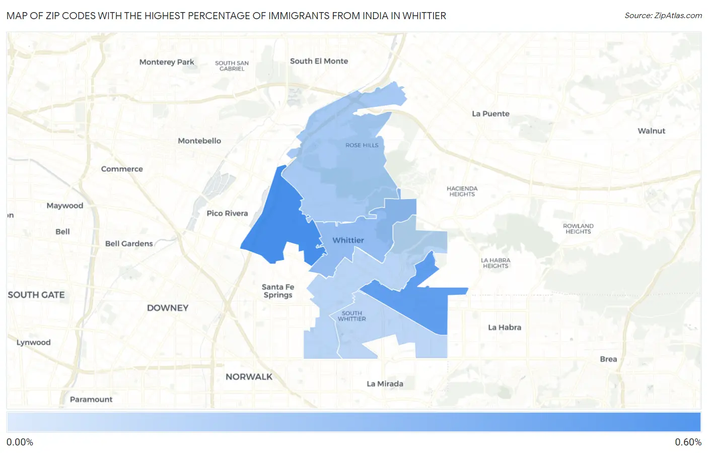 Zip Codes with the Highest Percentage of Immigrants from India in Whittier Map