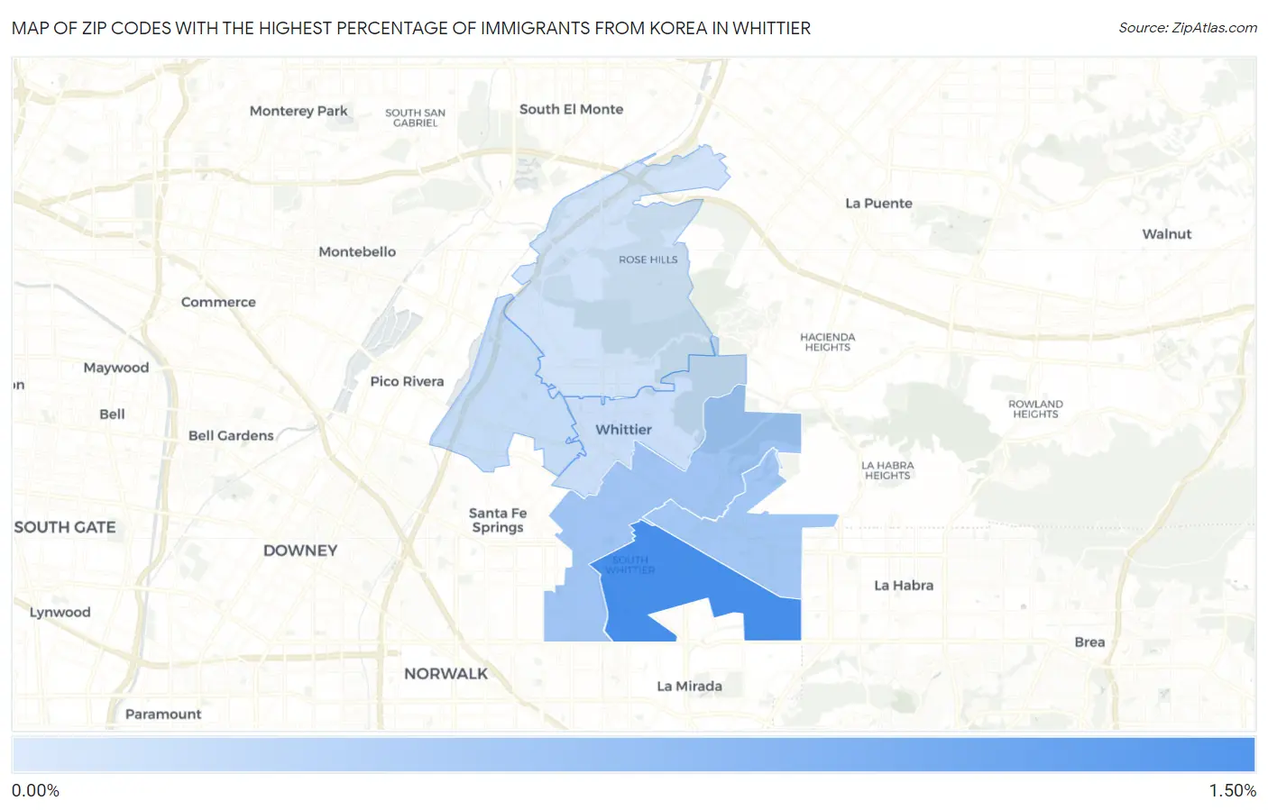 Zip Codes with the Highest Percentage of Immigrants from Korea in Whittier Map