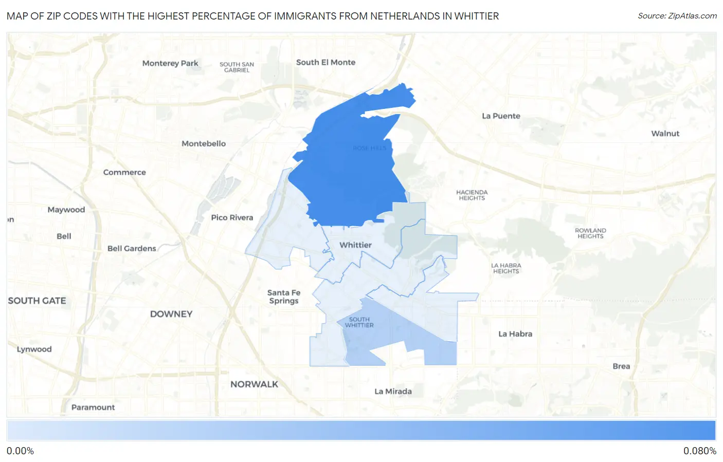 Zip Codes with the Highest Percentage of Immigrants from Netherlands in Whittier Map