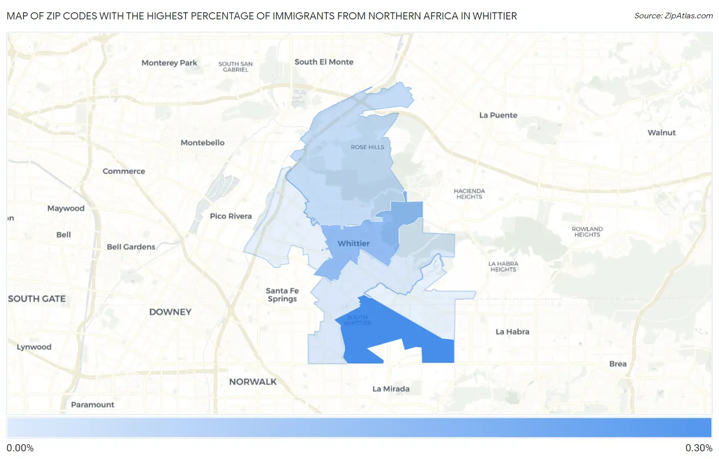 Zip Codes with the Highest Percentage of Immigrants from Northern Africa in Whittier Map