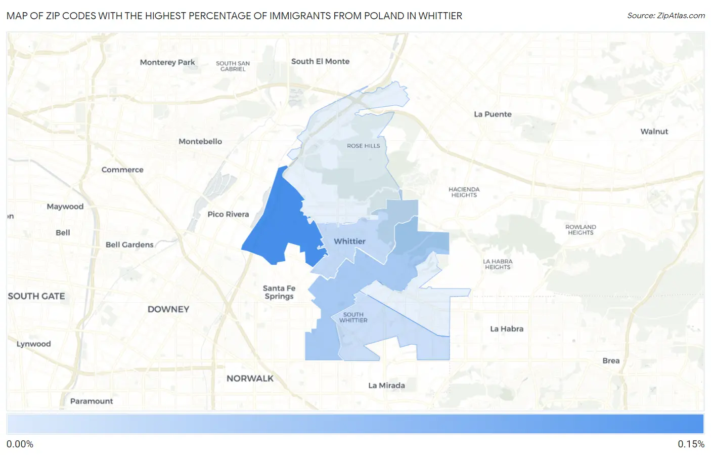 Zip Codes with the Highest Percentage of Immigrants from Poland in Whittier Map