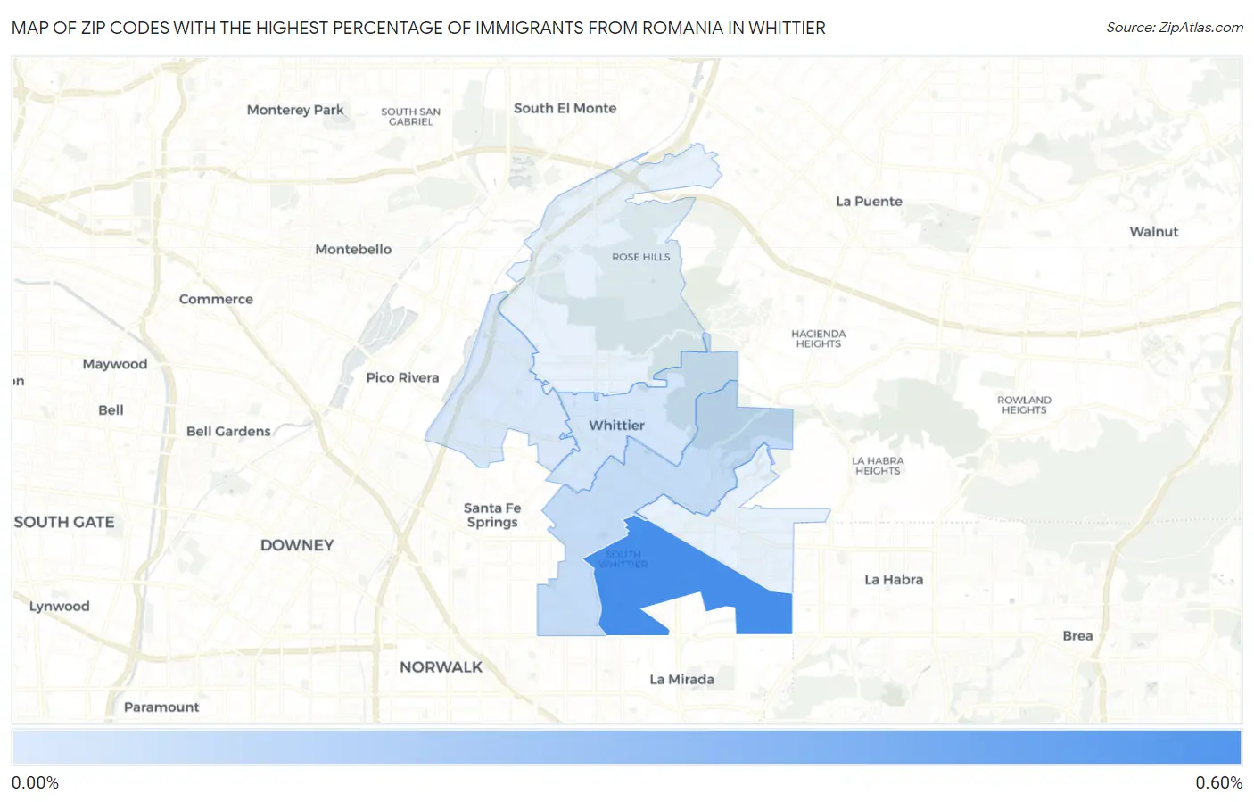 Zip Codes with the Highest Percentage of Immigrants from Romania in Whittier Map