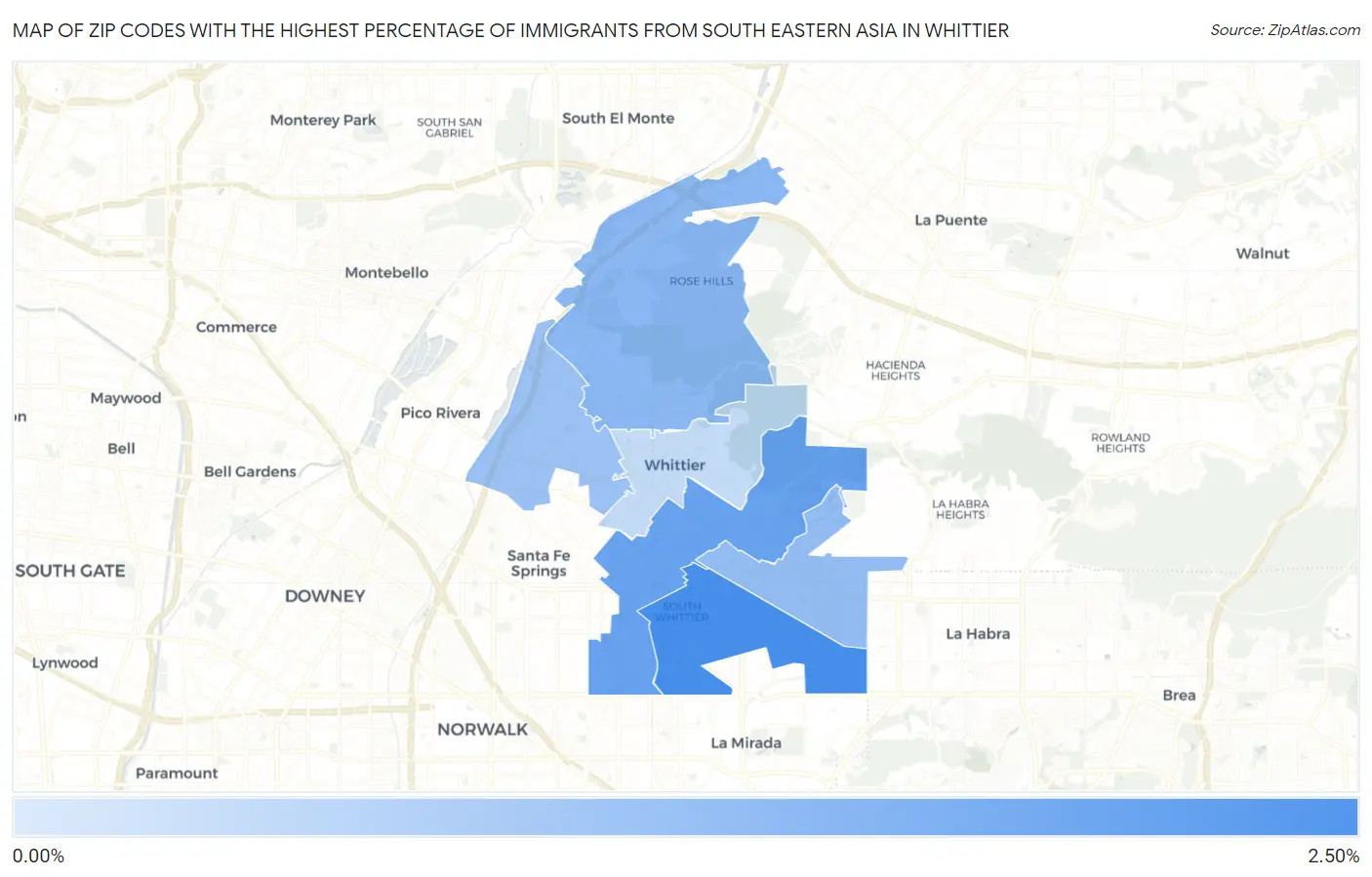 Zip Codes with the Highest Percentage of Immigrants from South Eastern Asia in Whittier Map