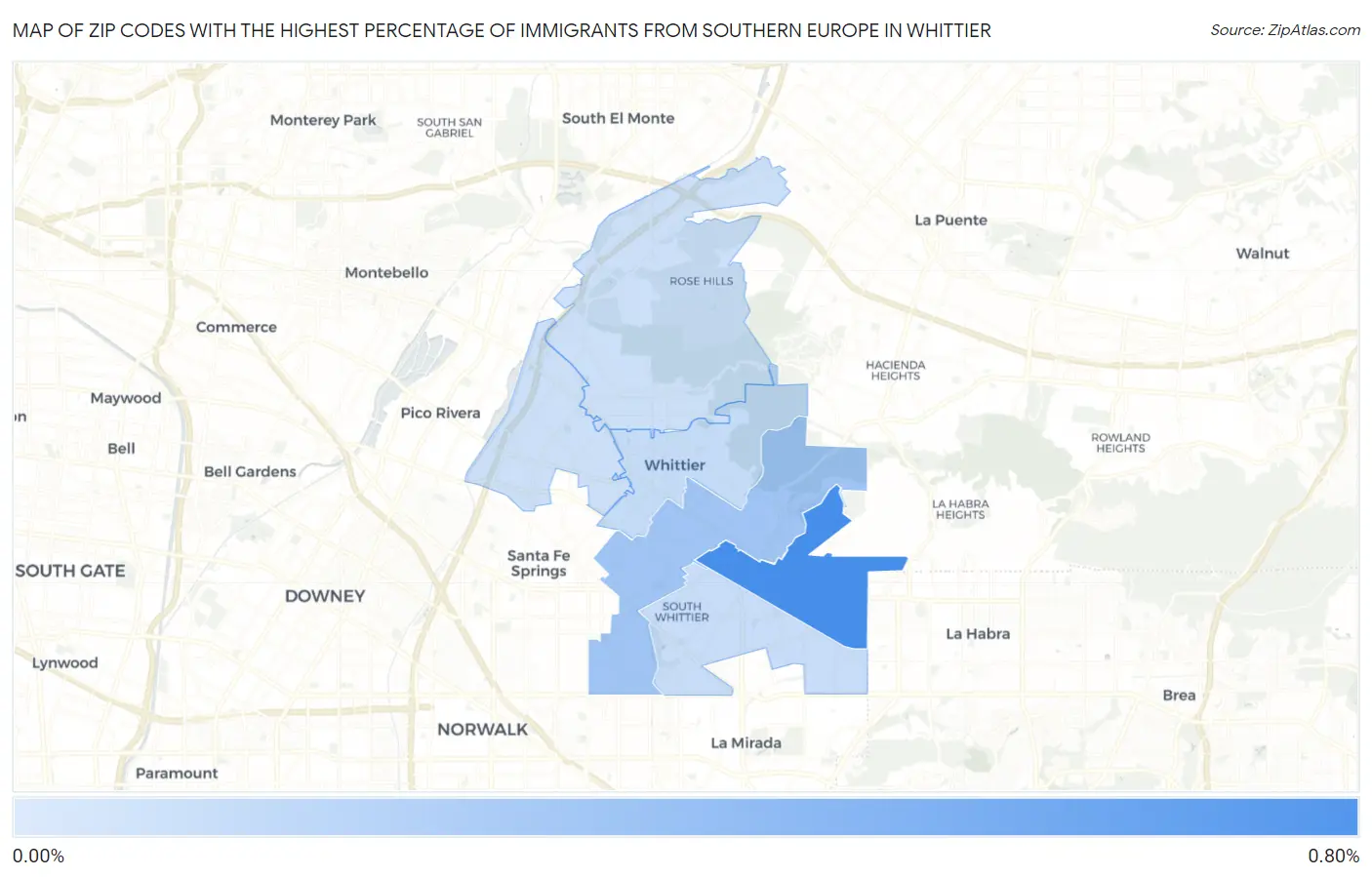 Zip Codes with the Highest Percentage of Immigrants from Southern Europe in Whittier Map