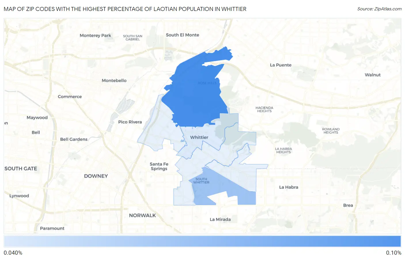 Zip Codes with the Highest Percentage of Laotian Population in Whittier Map