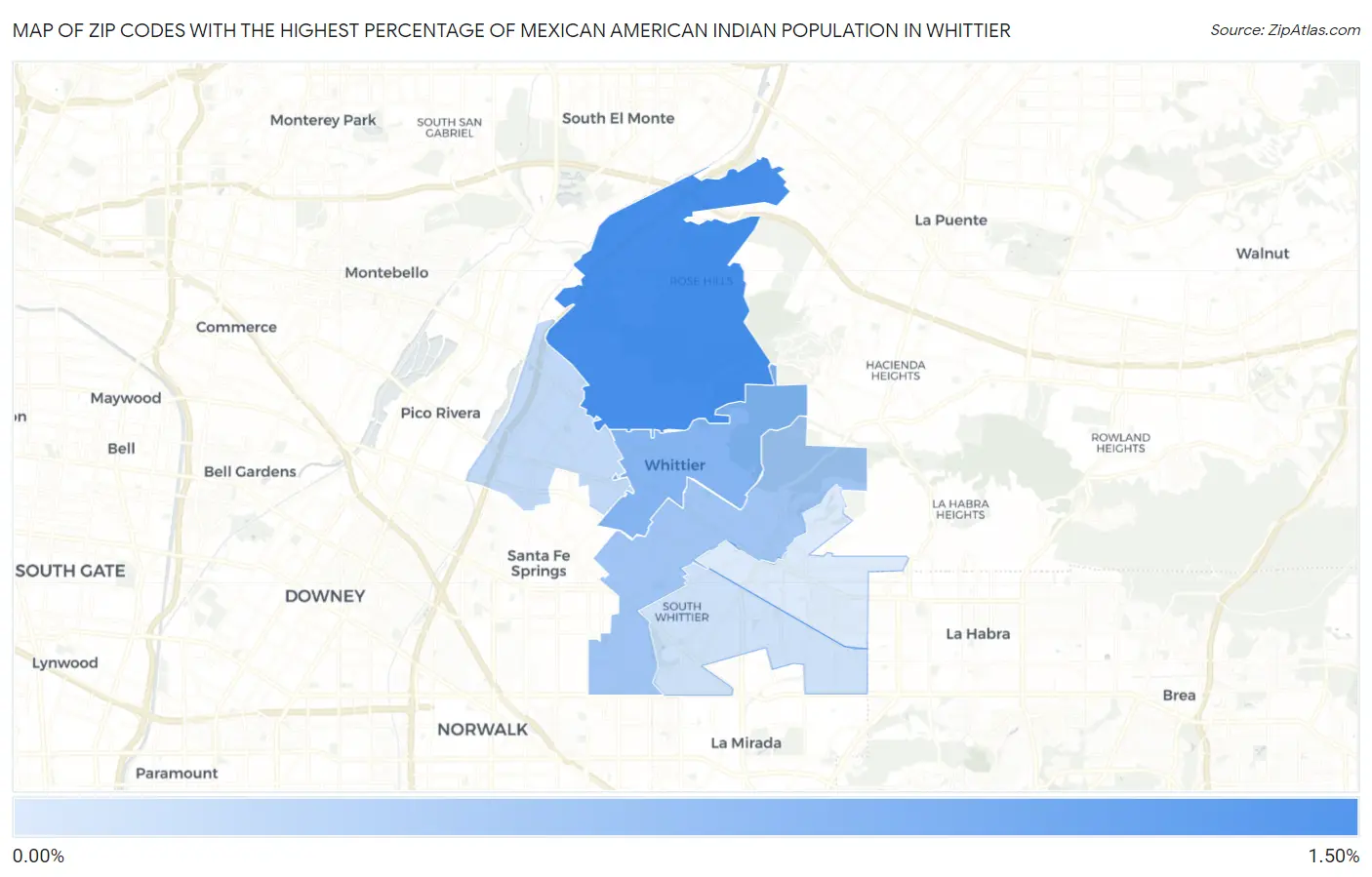 Zip Codes with the Highest Percentage of Mexican American Indian Population in Whittier Map