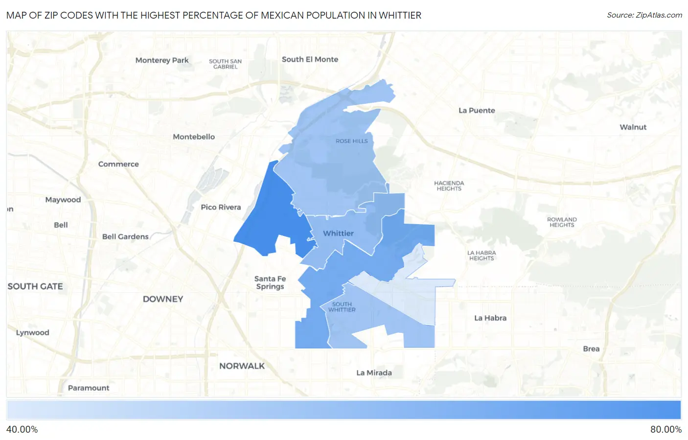 Zip Codes with the Highest Percentage of Mexican Population in Whittier Map