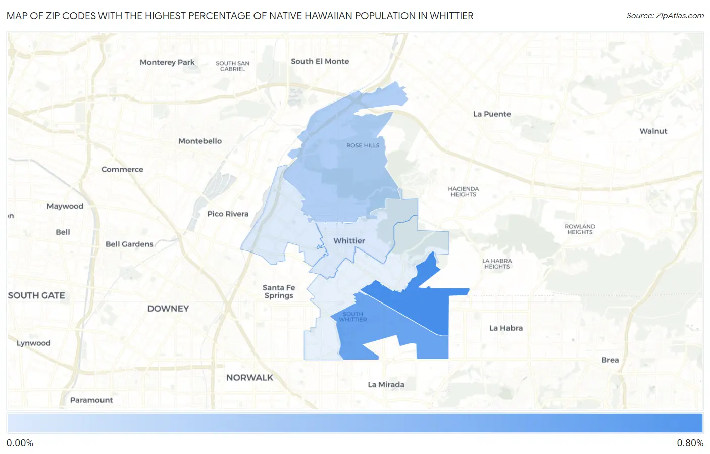 Zip Codes with the Highest Percentage of Native Hawaiian Population in Whittier Map
