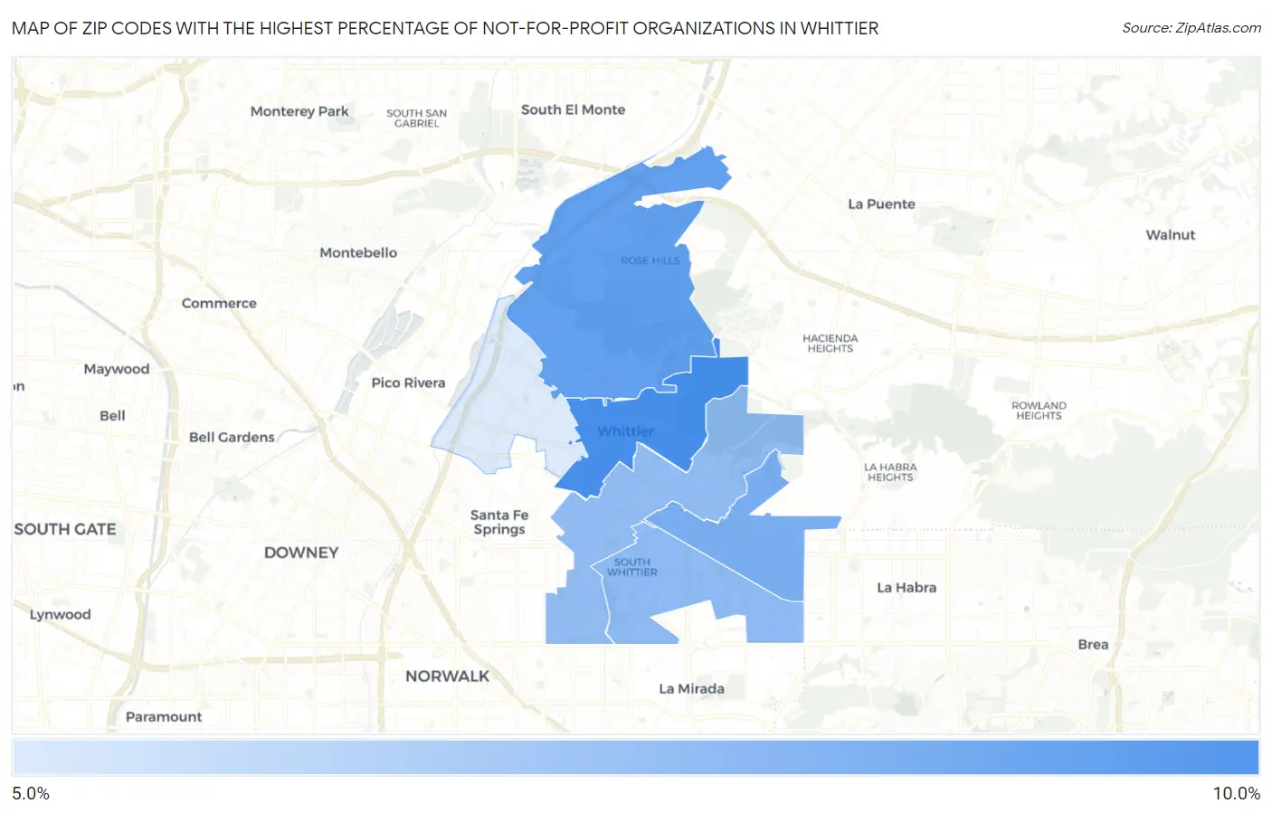 Zip Codes with the Highest Percentage of Not-for-profit Organizations in Whittier Map