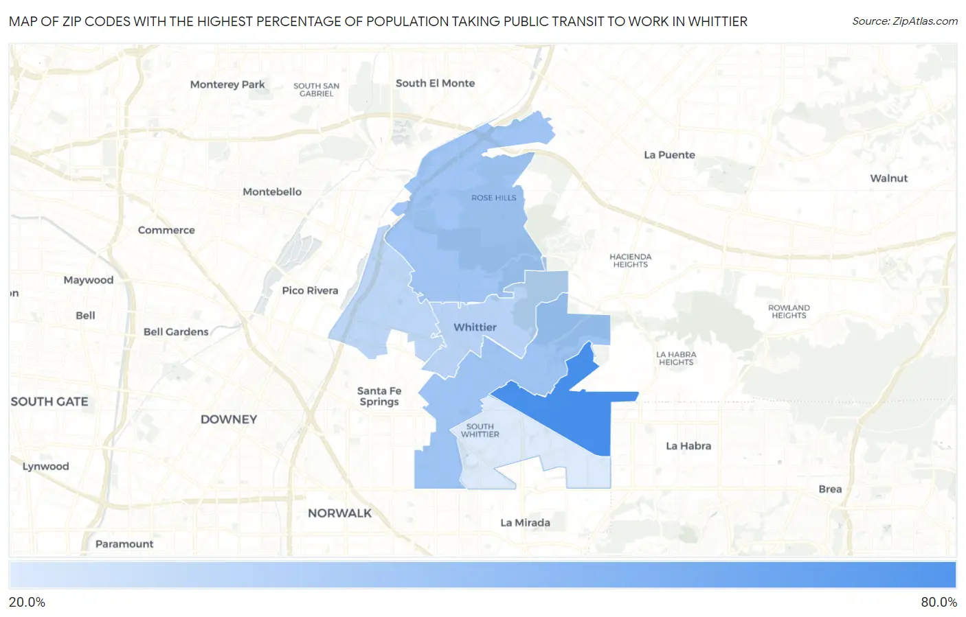 Zip Codes with the Highest Percentage of Population Taking Public Transit to Work in Whittier Map