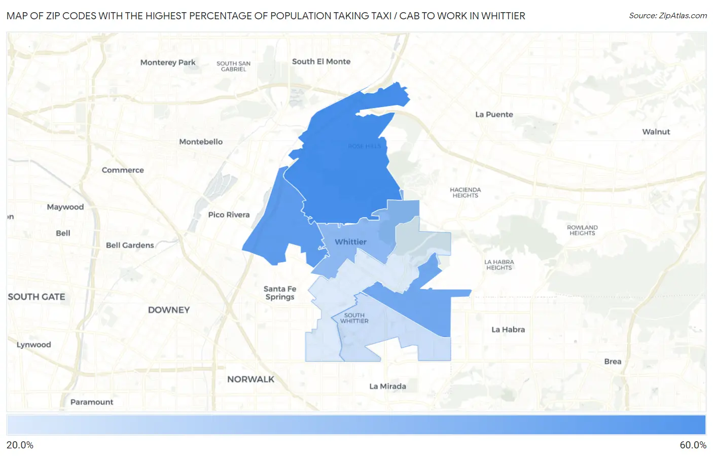 Zip Codes with the Highest Percentage of Population Taking Taxi / Cab to Work in Whittier Map