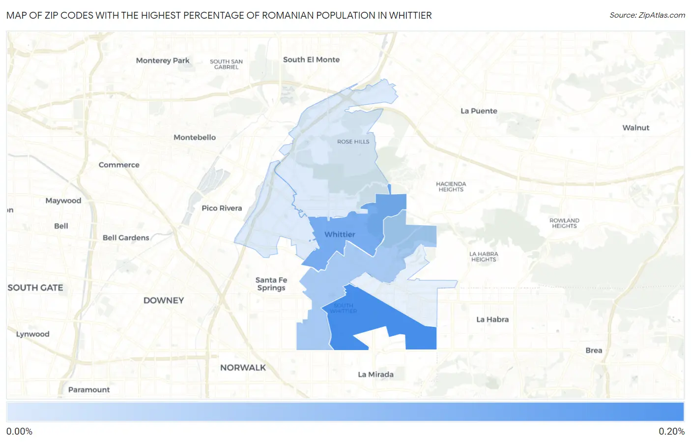 Zip Codes with the Highest Percentage of Romanian Population in Whittier Map