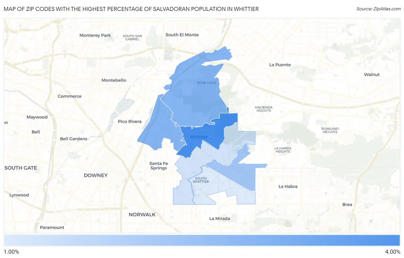 Zip Codes with the Highest Percentage of Salvadoran Population in Whittier Map