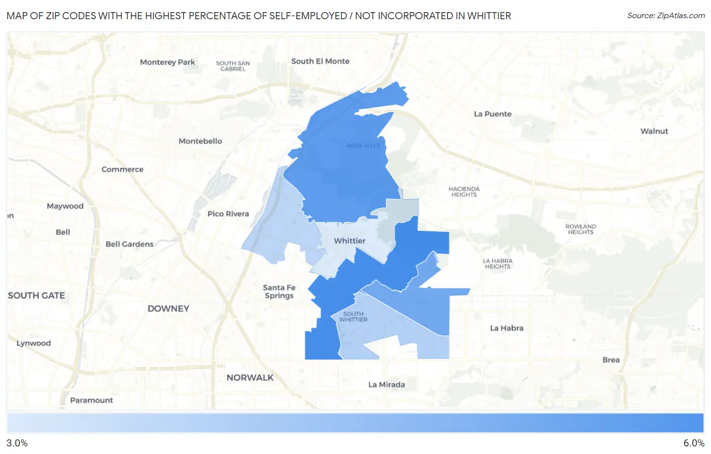 Zip Codes with the Highest Percentage of Self-Employed / Not Incorporated in Whittier Map