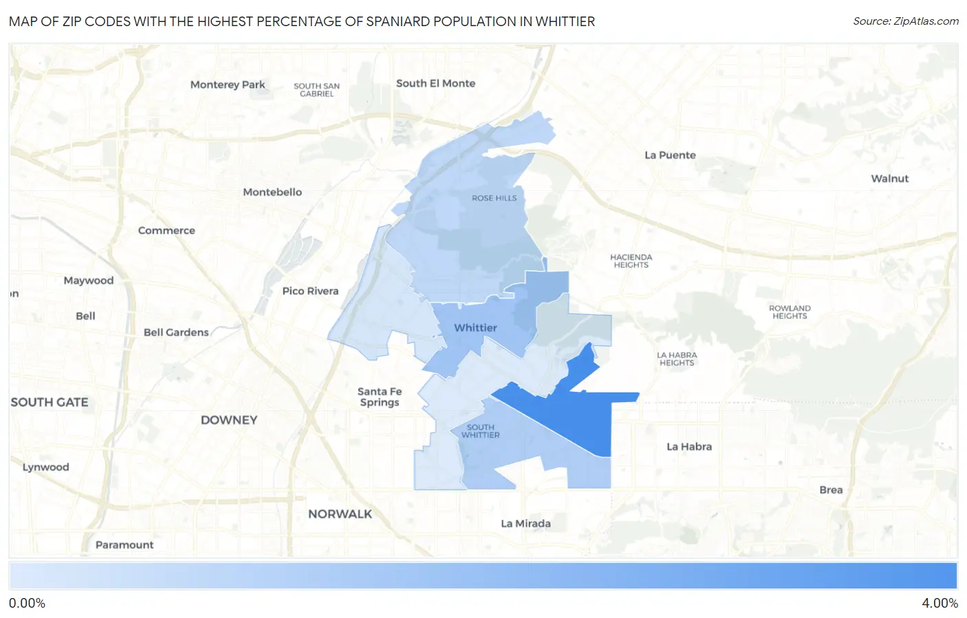 Zip Codes with the Highest Percentage of Spaniard Population in Whittier Map